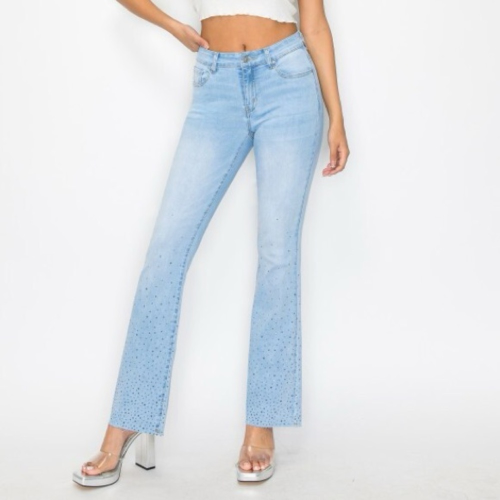 Wax jean collection Light Blue Women's Jeans rhinestone glitter sparkle raw hem